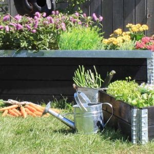 Pakke til 2 højbede med 4 sorte pallerammer + 2 sæt sneglekanter (Øko højbedsmuld)